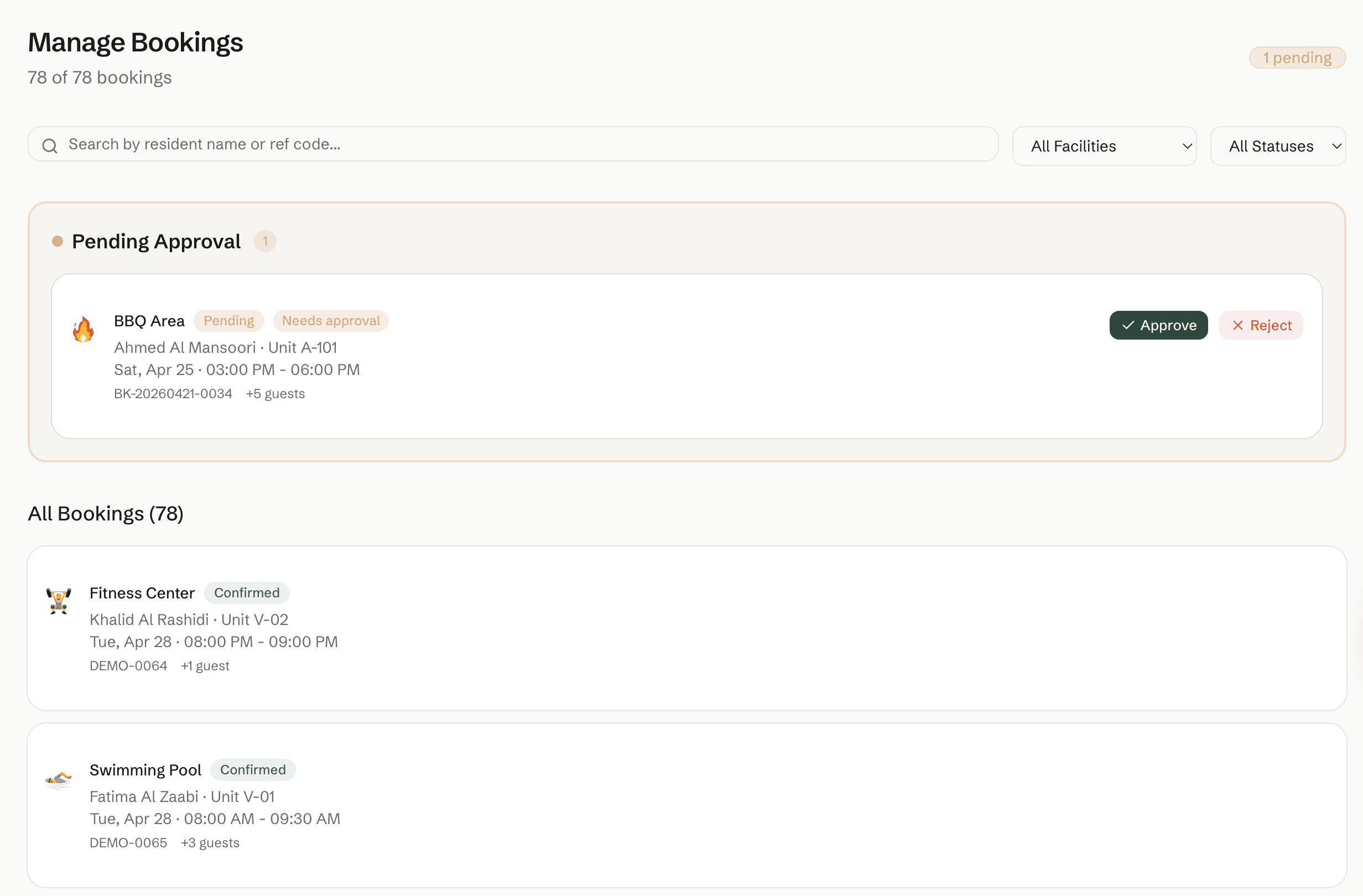 S4kan admin Manage Bookings screen — pending approval card and full booking list
