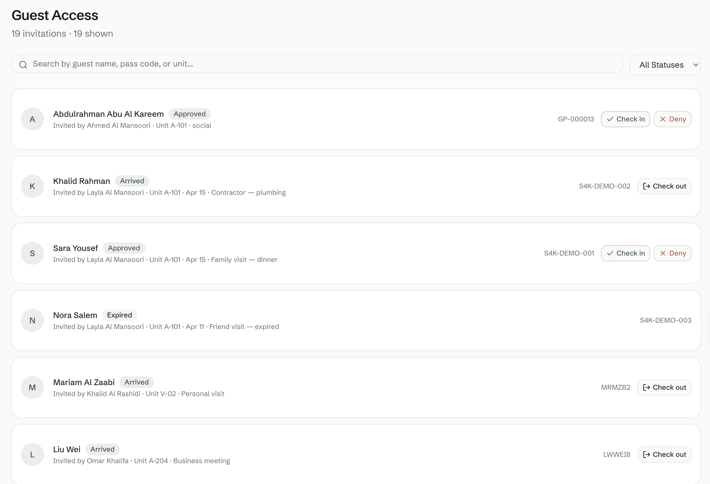 S4kan admin Guest Access screen — invitations list with check-in, check-out and deny actions
