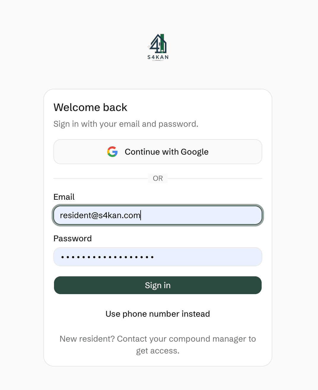 S4kan resident login screen with the compound brand mark